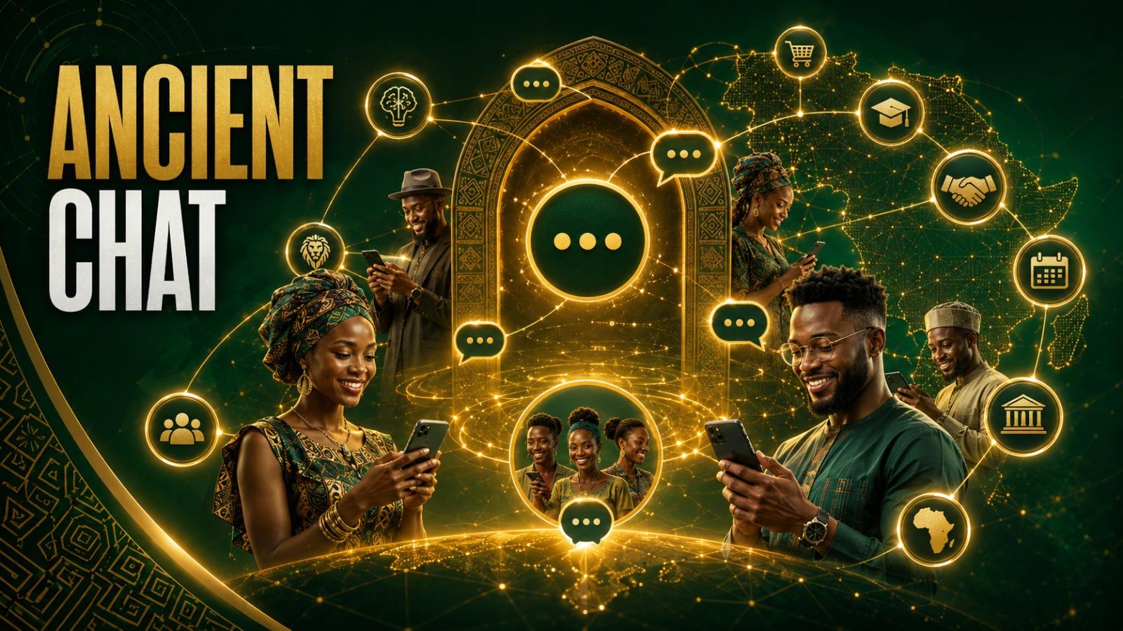 African members using Ancient Chat around a glowing communications gateway linked to community, education, commerce, and other services