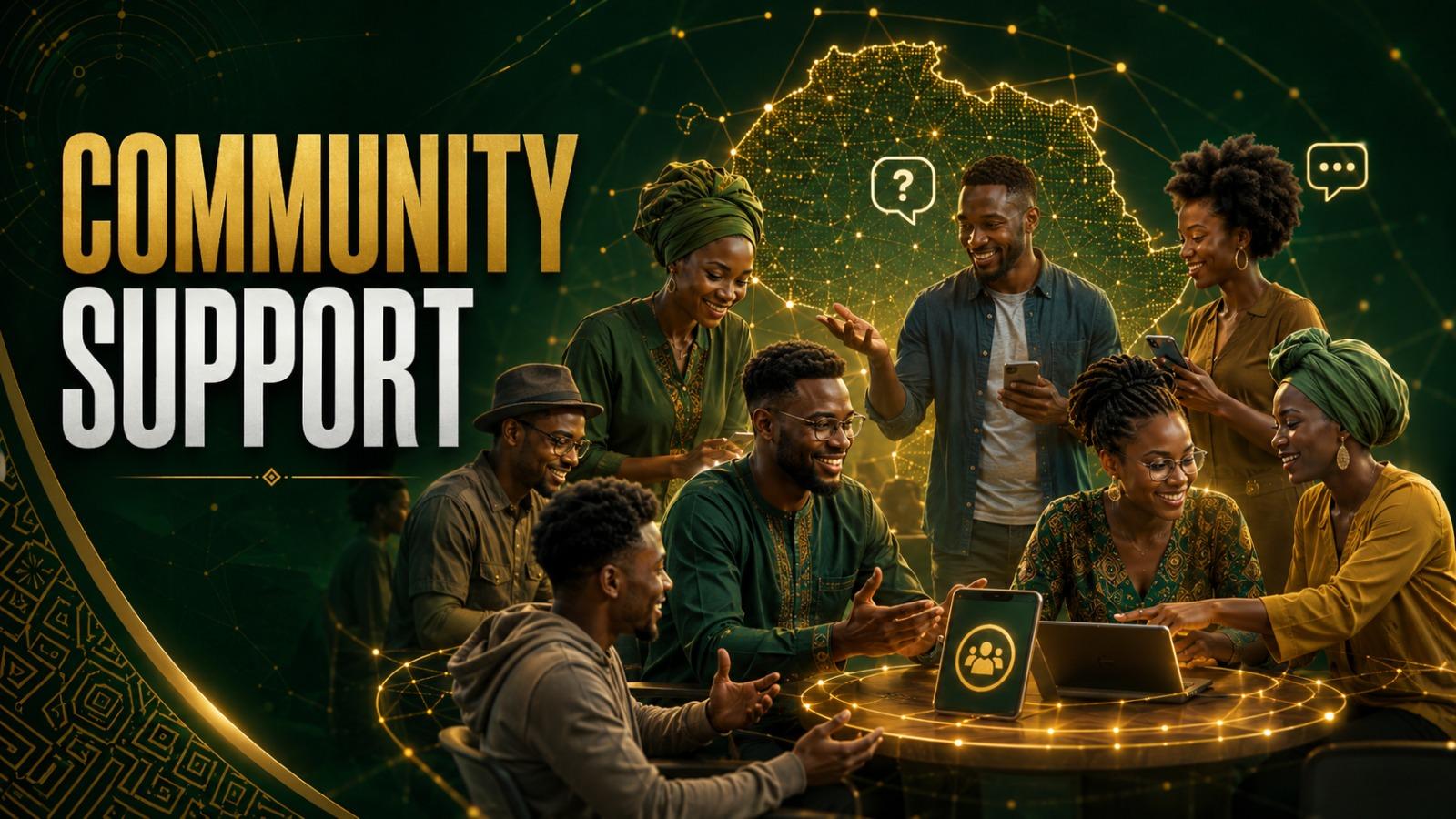 A group of African members gathering around phones and a laptop to offer community support