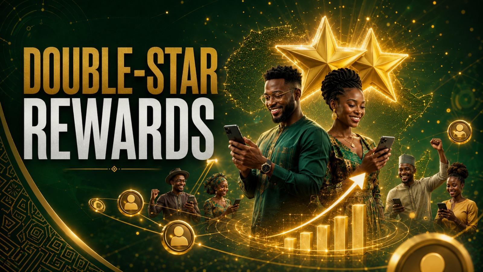African members using smartphones beneath two gold stars and a rising chart, illustrating the double-star referral reward